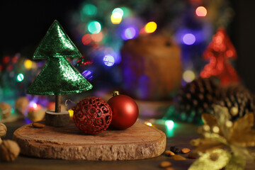 Decoration and Christmas on the table on a blurred background. Christmas tree and balls