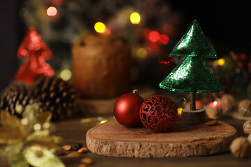 Decoration and Christmas on the table on a blurred background. Christmas tree and balls
