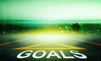 Goals Arrow on a road leading to a coding IT internet City with green coding background.