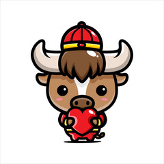 Cute buffalo characters dressed in Chinese New Year costumes hold hearts