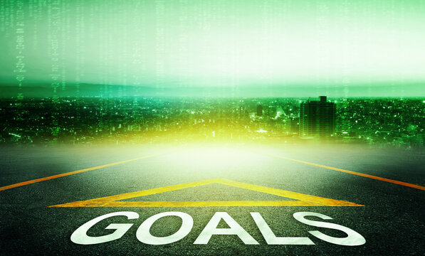 Goals Arrow on a road leading to a coding IT internet City with green coding background.