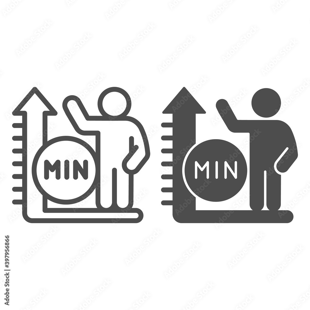 Poster ruler and human height line and solid icon, waterpark concept, man tall scale sign on white backgrou