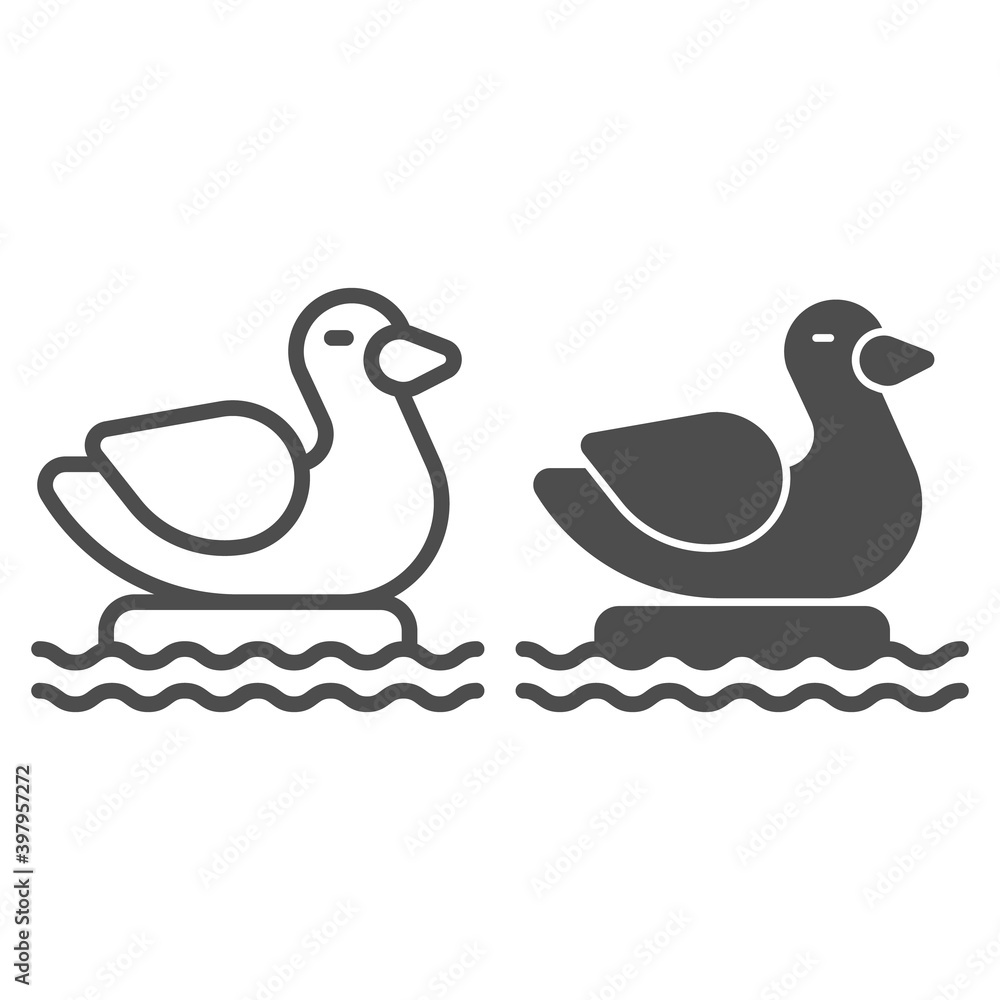 Poster duck floating ball line and solid icon, waterpark concept, duck shape inflatable pool float sign on 