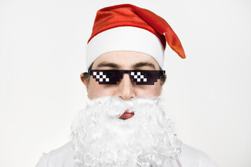 Swag Santa Claus in funny pixelated sunglasses on white background. Gangster, boss, thug life meme....