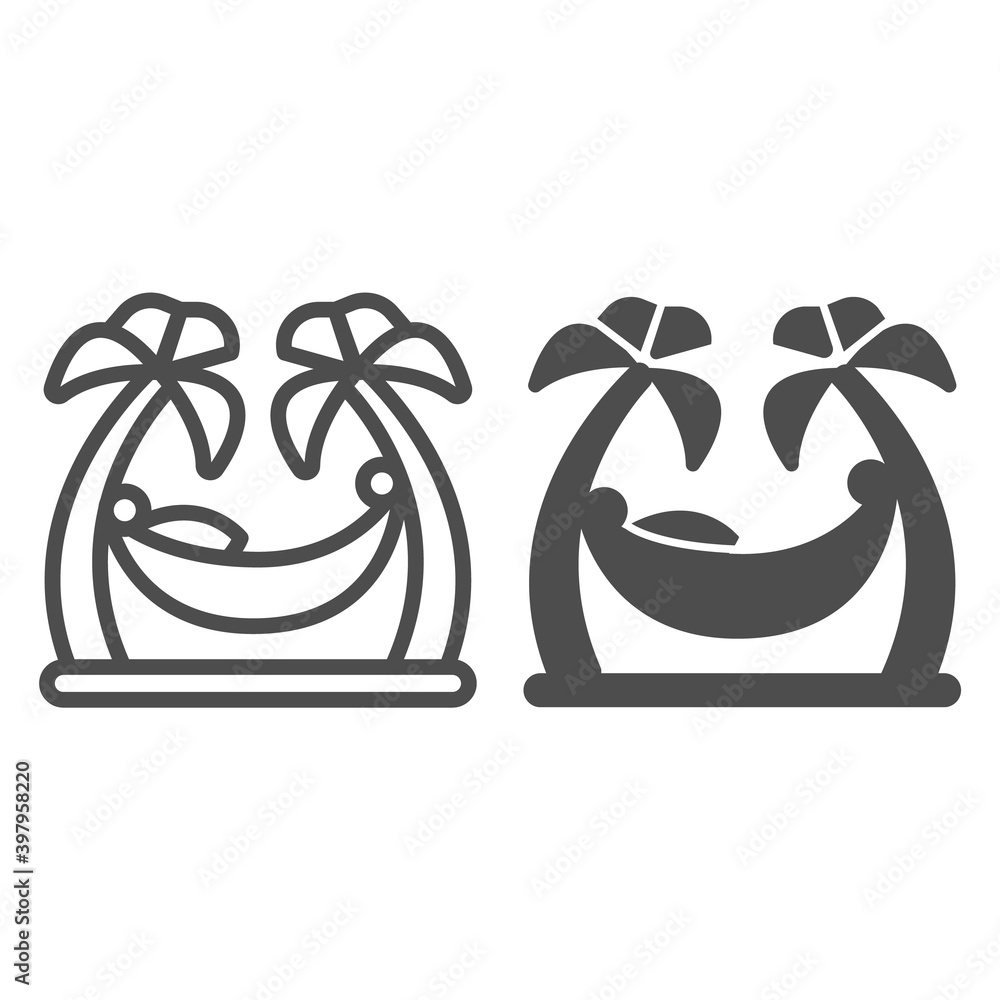 Poster hammock between palm trees line and solid icon, waterpark concept, beach hammock sign on white backg