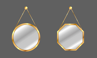 Hanging mirrors set. Circle and square mirrors with golden frame. Home decor. Realistic vector illustration in country style.