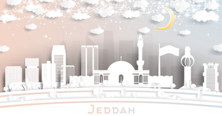 Jeddah Saudi Arabia City Skyline in Paper Cut Style with Snowflakes, Moon and Neon Garland.
