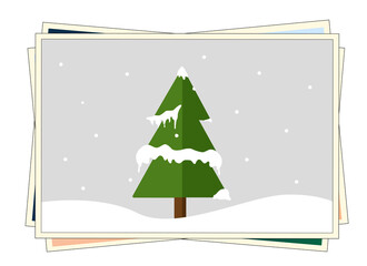 Winter Postcards - Cozy Winter view with a Pinus Surrounded by Snowflakes.
