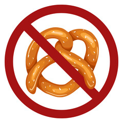German food pretzel in a ban sign. Danger of allergies. Forbidden to eat in public places. Ban on holidays. Vector prohibition cartoon sign for labels, signs and your design.