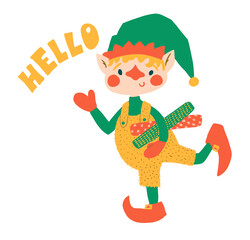 Cute elf character. Christmas Santa Claus helper. Boy dwarf little fantasy helper. Cartoon flat vector isolated set. Perfect for sublimation printing, card design, web site, sticker