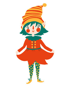 Cute elf character. Christmas Santa Claus helper. Girl dwarf little fantasy helper. Cartoon flat vector isolated set. Perfect for sublimation printing, card design, web site, sticker