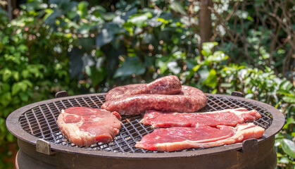 Traditional South African braai barbecue with red meat roasting over coals in an outdoor fireplace