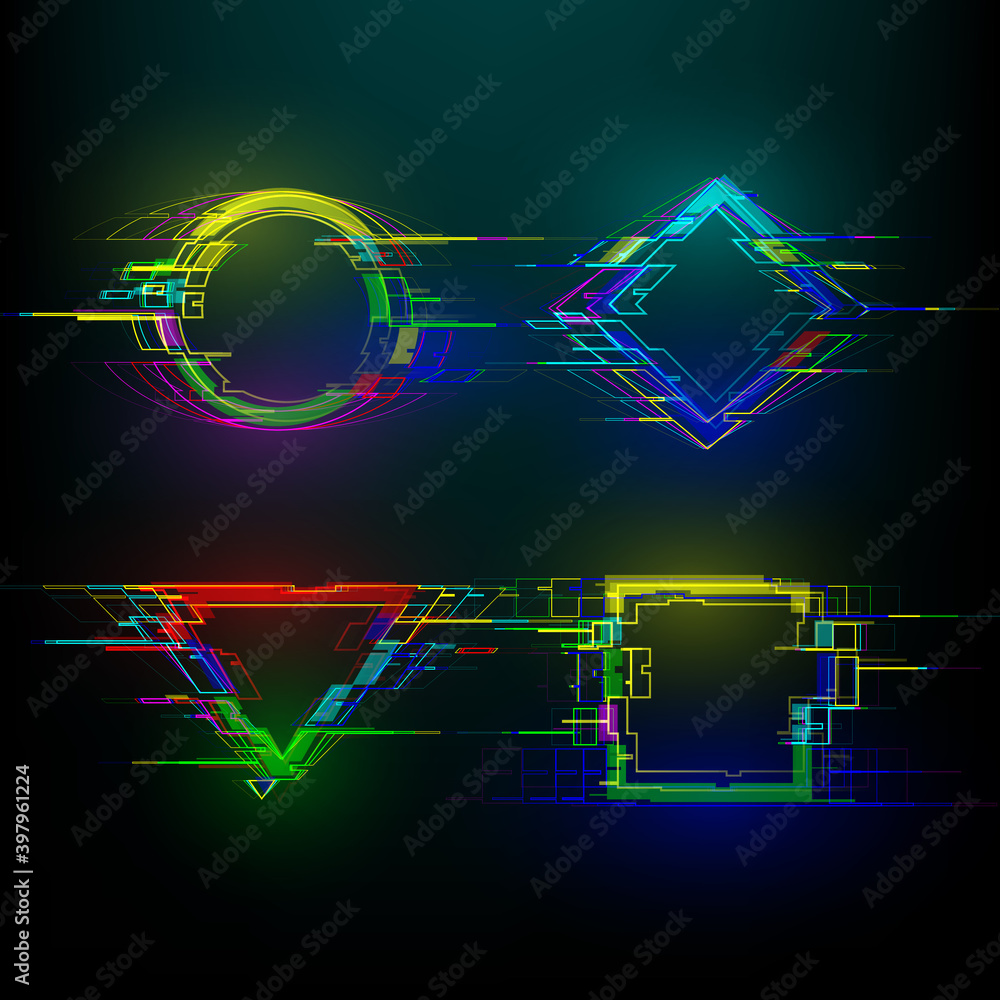 Poster set of futuristic glitch geometry shapes in cyberpunk style. modern glowing circle, rhombus, rectang