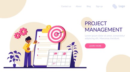 Project management flat concept vector. project management software, waterfall method, agile methodology, IT professional. Business analysis, planning process. Modern illustration.