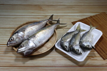 Selective focus, Pile of fresh Big Mackerel fish on the wooden plate and small fish on the plastic tray. Famous seafood ingredients in Asia restaurant. Preparation food concept. 