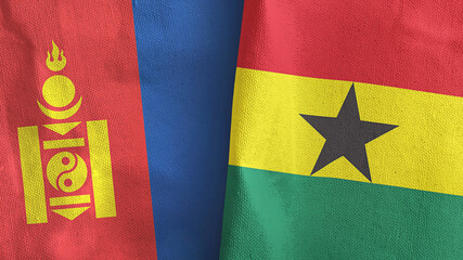 Fototapeta premium Ghana and Mongolia two flags textile cloth 3D rendering