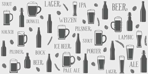 Background from various beer mugs, glasses and bottles. Beer styles lettering. Vector graphics for beer bars, restaurants