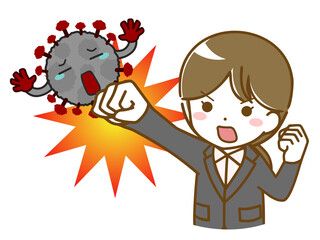 ウイルスを撃退するスーツを着た女性