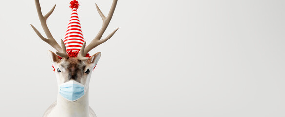 Reindeer wearing  mask on white background. Virus protection. New year. Christmas concept. 3d rendering