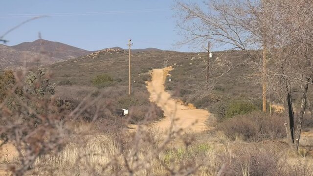 Barren dirt trail through desert like vegetation in the arid landscape of Arizona, USA - Static shot