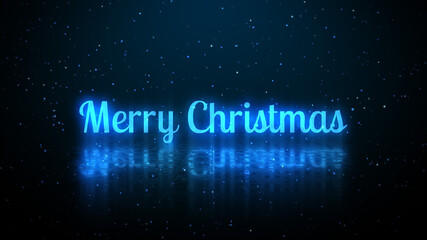 Blue Glowing Light Merry Christmas Lettering Neon Signs With Floor Reflection And Glitter Sparkle Dust On Dark Blue Background