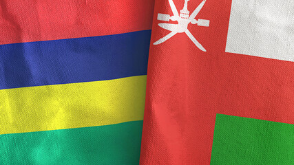 Oman and Mauritius two flags textile cloth 3D rendering