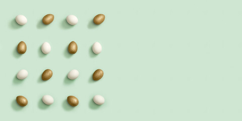 Greeting card or banner with decorated Easter golden and white eggs on green background. Happy Easter pattern.