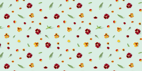 Modern floral pattern with pansy flowers, green leaves, buds. petals, small summer flowery seasonal styling ornament