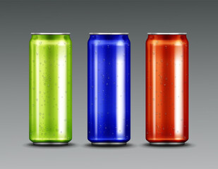 Aluminium cans with cold soda or beer and condensation water drops. Vector realistic mockup of blue, green and red metal tin cans for drink and beverage isolated on gray background