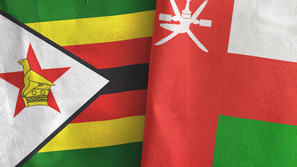 Oman and Zimbabwe two flags textile cloth 3D rendering