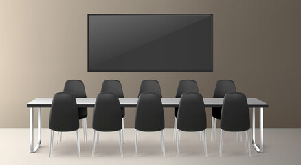 Boardroom for business meetings, conference and training in company office. Vector realistic interior of conference room with metal table, black chairs and big screen for presentation and video