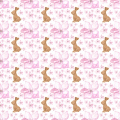 Funny watercolor Easter pattern with chocolate bunny and pink flowers. Perfect for printing, textile, web design. Scrap paper, photo albums, various gift items and other creative uses.