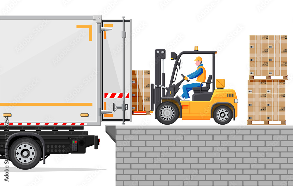 Poster forklift loading pallet boxes into truck. warehouseman with checklist. electric uploader loading car