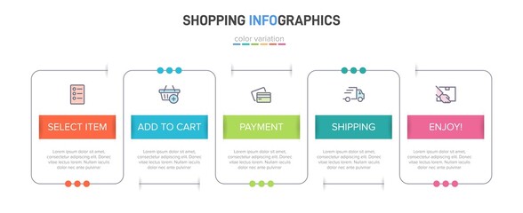 Concept of shopping process with 5 successive steps. Five colorful graphic elements. Timeline design for brochure, presentation, web site. Infographic design layout.