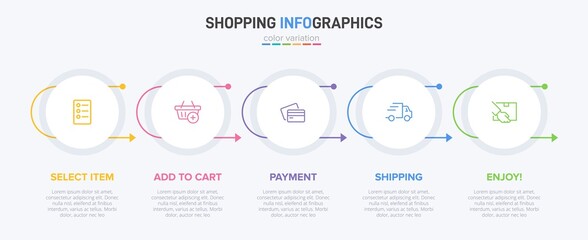 Concept of shopping process with 5 successive steps. Five colorful graphic elements. Timeline design for brochure, presentation, web site. Infographic design layout.