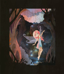 Cute butterfly winged fairy dancing in the night forest. Fairy tale vector illustration.