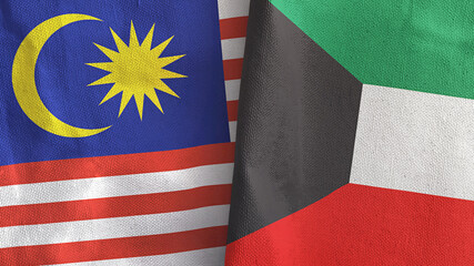 Kuwait and Malaysia two flags textile cloth 3D rendering