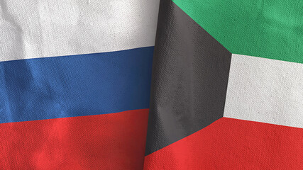 Kuwait and Russia two flags textile cloth 3D rendering