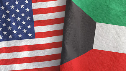 Kuwait and United States two flags textile cloth 3D rendering