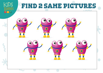 Find two same pictures kids puzzle vector illustration.