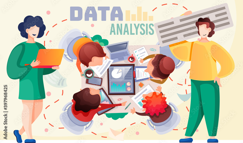 Poster data analysis teamwork. a team of analysts holds a meeting and develops a marketing strategy based o
