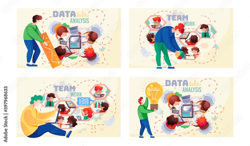 Aufkleber data analysis teamwork scenes set. a team of analysts holds a meeting, develops a marketing strategy