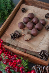 Christmas composition with chocolate truffles 