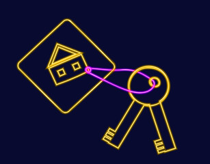 Apartment keys neon icon. Keychain shaped rectangle with house. 