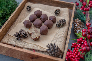 Christmas composition with chocolate truffles 
