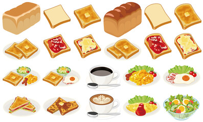 朝食の食パンアイコン（バタートースト、ジャムトースト、ピザトースト）