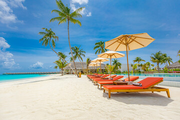 Outdoor tourism landscape. Luxurious beach resort with swimming pool and beach chairs or loungers...