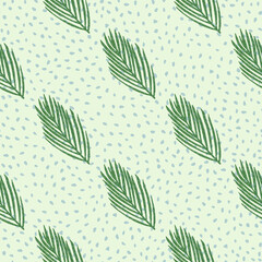 Minimalistic seamless season pattern with green fir ornament. Foliage new year print with dotted background.