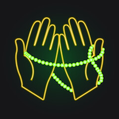 Praying hands with green rosary beads (Tasbih) neon icon. Element of Islamic Religion set. Can be used for websites, web design, mobile app and more