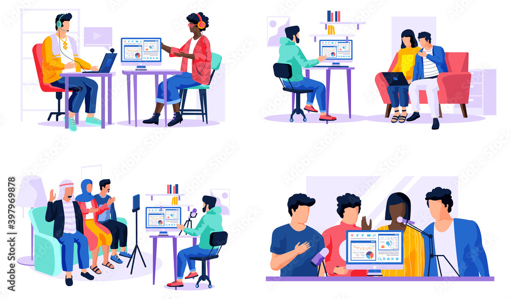 Poster set of illustrations on the topic of working with statistics in a recording studio. people sing song